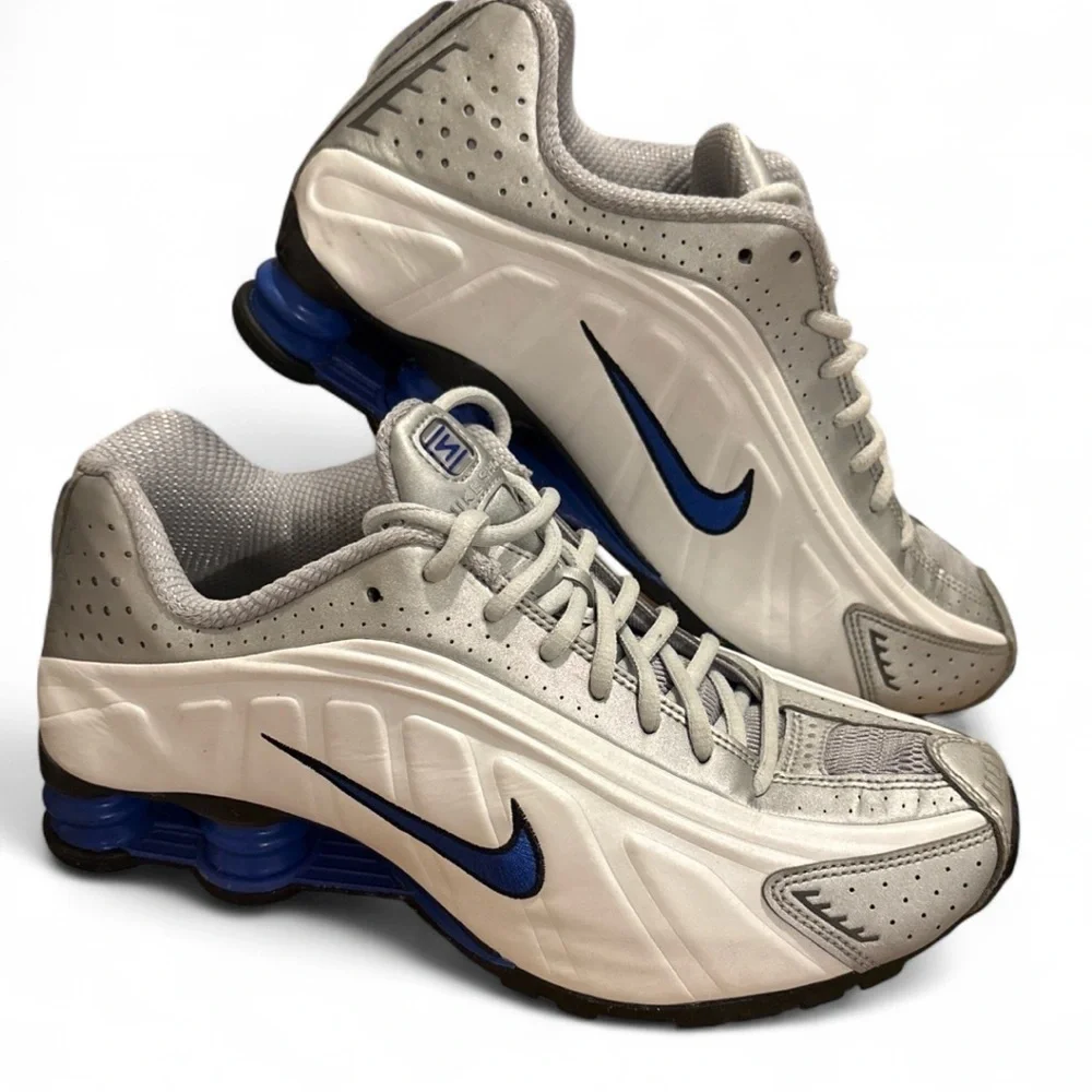 Nike Shox R4 White Metallic Silver Blue Mens 8.5 Running Sneakers